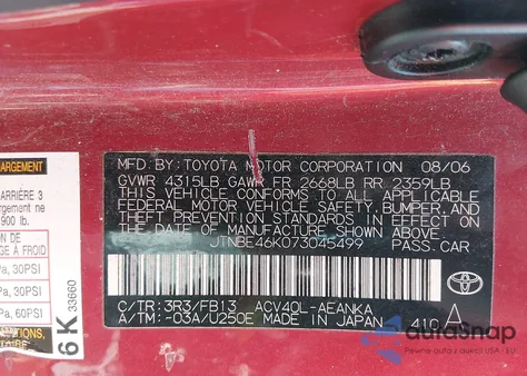 2007 Toyota Camry Le from USA, damaged, VIN JTNBE46K073045499